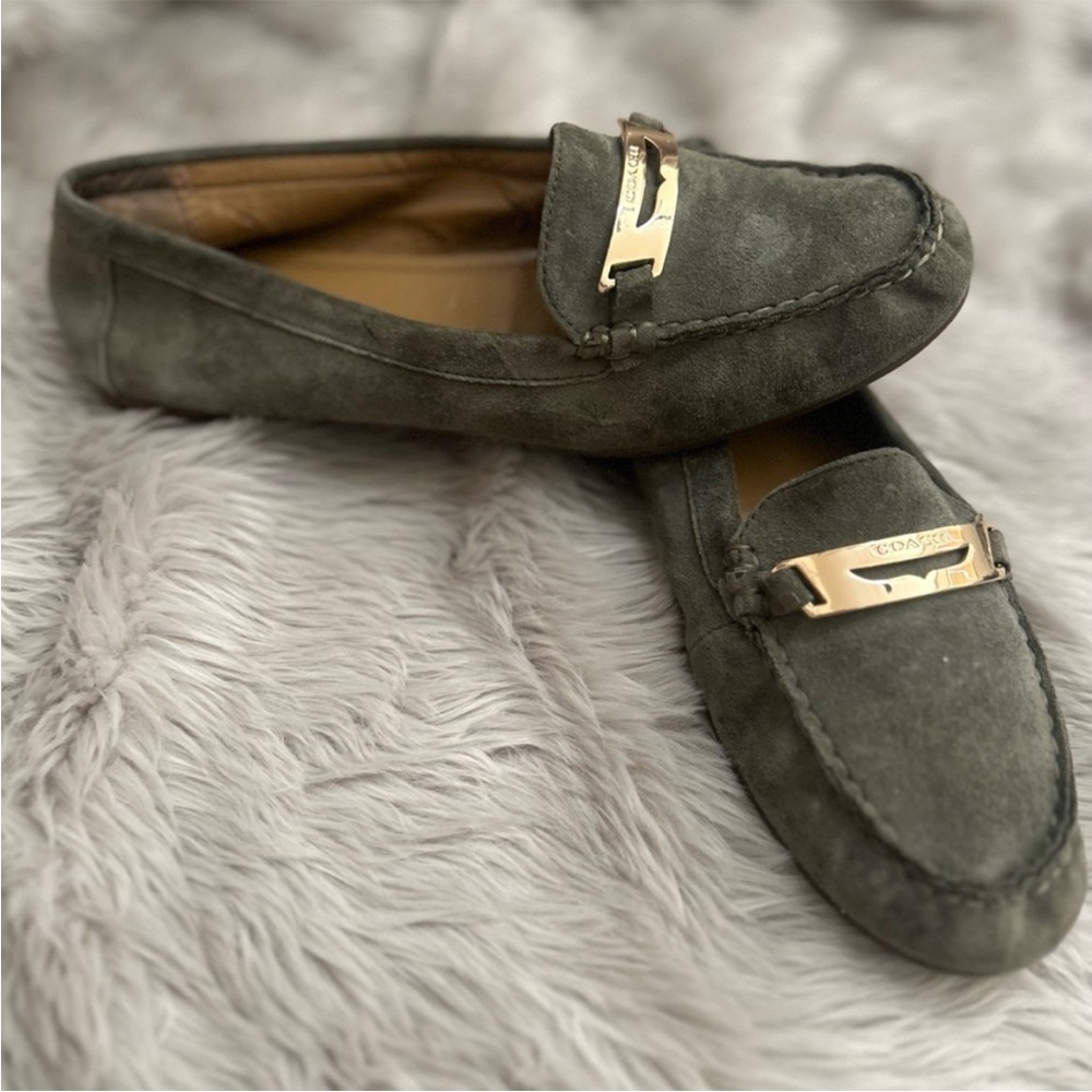 Coach Green Suede Loafers with Gold Accents - Picture 2 of 2
